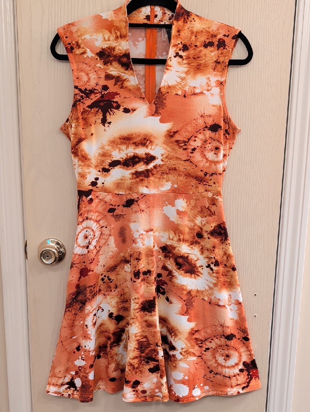 Coldesina Orange Tie-Dye Fit & Flare Dress XS Sleeveless V-Neck Pockets